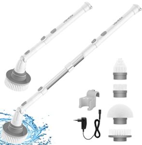 electric spin scrubber, voweek cordless cleaning brush with adjustable extension arm 4 replaceable cleaning heads, power shower scrubber for bathroom, tub, tile, floor