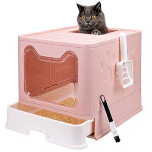 foldable cat litter box with lid, enclosed cat potty, top entry anti-splashing cat toilet, easy to clean including cat litter scoop and 2-1 cleaning brush (pink), large