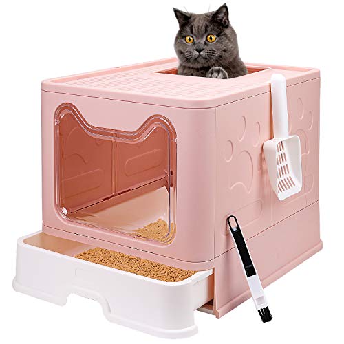 Foldable Cat Litter Box with Lid, Enclosed Cat Potty, Top Entry Anti-Splashing Cat Toilet, Easy to Clean Including Cat Litter Scoop and 2-1 Cleaning Brush (Pink), Large