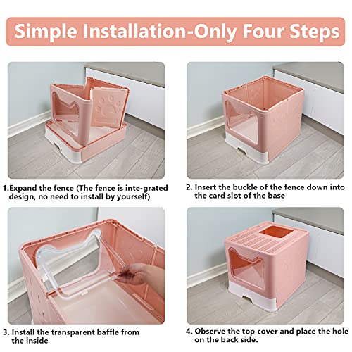 Foldable Cat Litter Box with Lid, Enclosed Cat Potty, Top Entry Anti-Splashing Cat Toilet, Easy to Clean Including Cat Litter Scoop and 2-1 Cleaning Brush (Pink), Large