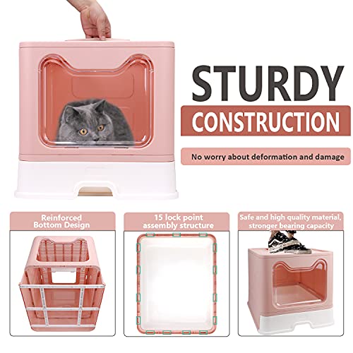 Foldable Cat Litter Box with Lid, Enclosed Cat Potty, Top Entry Anti-Splashing Cat Toilet, Easy to Clean Including Cat Litter Scoop and 2-1 Cleaning Brush (Pink), Large