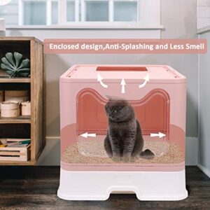 Foldable Cat Litter Box with Lid, Enclosed Cat Potty, Top Entry Anti-Splashing Cat Toilet, Easy to Clean Including Cat Litter Scoop and 2-1 Cleaning Brush (Pink), Large