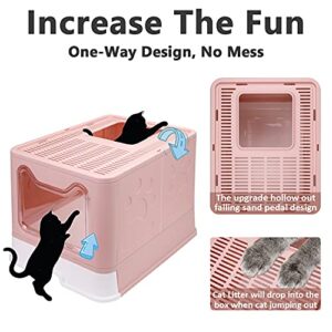 Foldable Cat Litter Box with Lid, Enclosed Cat Potty, Top Entry Anti-Splashing Cat Toilet, Easy to Clean Including Cat Litter Scoop and 2-1 Cleaning Brush (Pink), Large