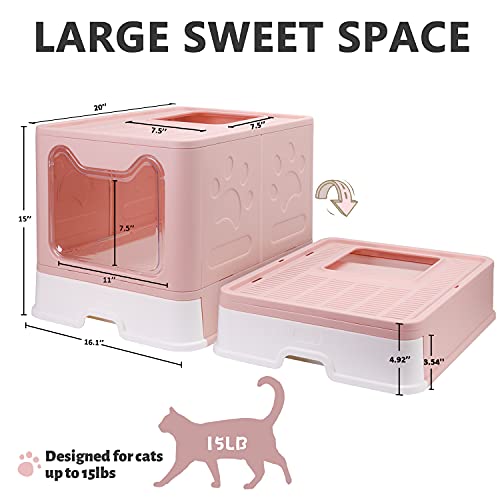 Foldable Cat Litter Box with Lid, Enclosed Cat Potty, Top Entry Anti-Splashing Cat Toilet, Easy to Clean Including Cat Litter Scoop and 2-1 Cleaning Brush (Pink), Large