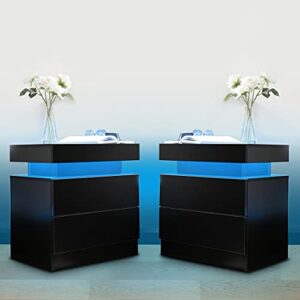 i-aplus nightstand set of 2 led nightstand with 2 drawers, bedside table with drawers for bedroom furniture, side bed table with led light, black