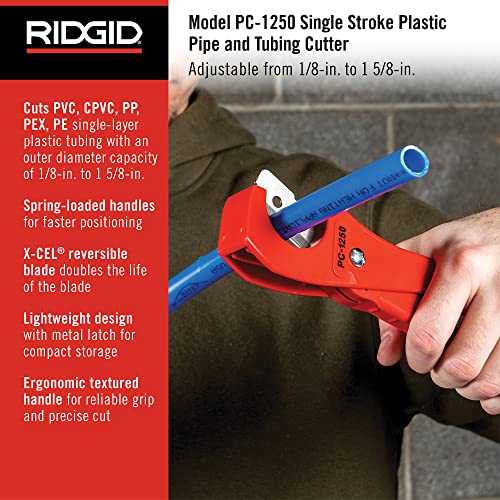 RIDGID 23488 Model PC-1250 Single Stroke Plastic Pipe and Tubing Cutter with 1/8"-1-5/8" Cutting Capacity, Red