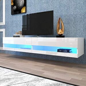 jeerbly 71 Inch TV Stand Cabinet Wall Mounted Floating Television Stand up to 80" TVs with 20 Color LEDs White Modern High Gloss Storge Shelf Entertainment Center Console Table for Living Room
