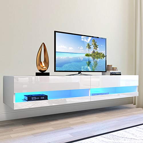 jeerbly 71 Inch TV Stand Cabinet Wall Mounted Floating Television Stand up to 80" TVs with 20 Color LEDs White Modern High Gloss Storge Shelf Entertainment Center Console Table for Living Room