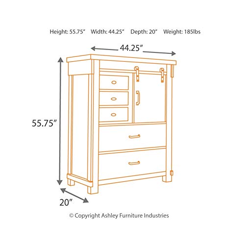 Signature Design by Ashley Lakeleigh Rustic Industrial 5 Drawer Chest with Sliding Barn Door, Dark Brown