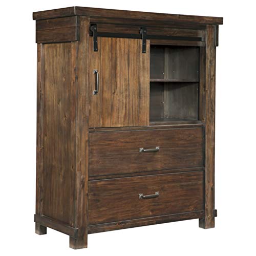 Signature Design by Ashley Lakeleigh Rustic Industrial 5 Drawer Chest with Sliding Barn Door, Dark Brown