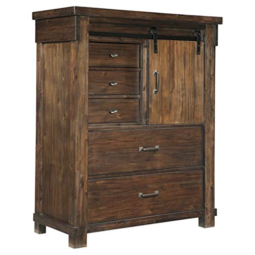 Signature Design by Ashley Lakeleigh Rustic Industrial 5 Drawer Chest with Sliding Barn Door, Dark Brown