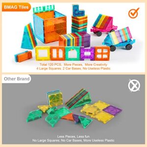 Bmag Magnetic Tiles, 120 PCS Magnetic Building Blocks, 3D Magnet Tiles for Kids Boys Girls, STEM Construction Building Set, Stacking Toys with 2 Car