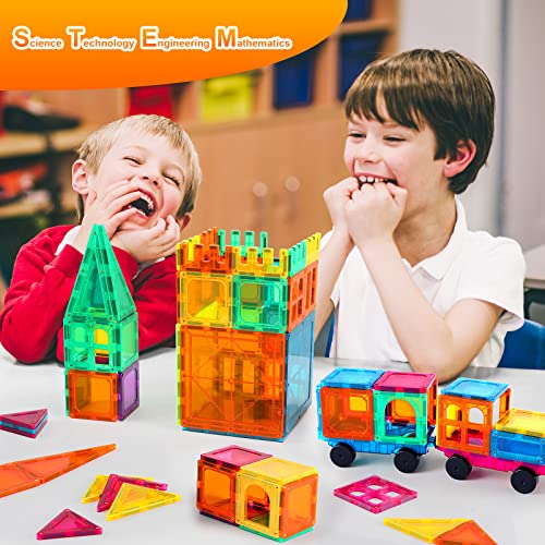 Bmag Magnetic Tiles, 120 PCS Magnetic Building Blocks, 3D Magnet Tiles for Kids Boys Girls, STEM Construction Building Set, Stacking Toys with 2 Car