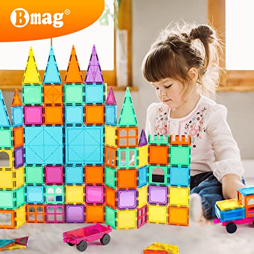Bmag Magnetic Tiles, 120 PCS Magnetic Building Blocks, 3D Magnet Tiles for Kids Boys Girls, STEM Construction Building Set, Stacking Toys with 2 Car