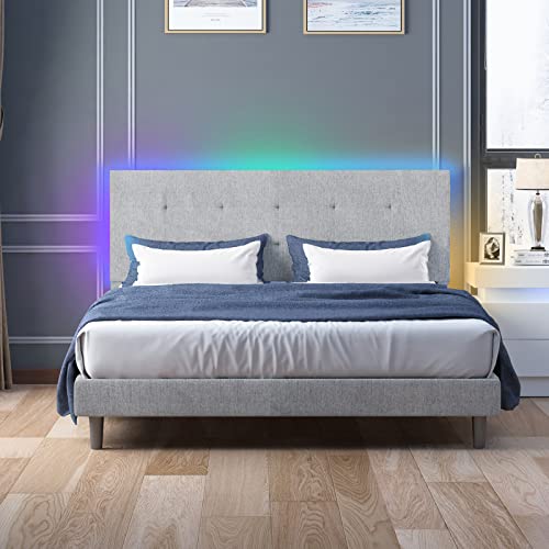 CECER Queen Size Bed Frame with RGB LED Headboard, Platform Bed Frame with Music Sync Compatible with Alexa or Apps, Upholstered Bedframes Adjustable Lighting Effects/No Box Spring Needed, Light Grey