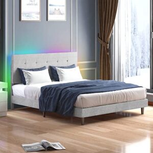 CECER Queen Size Bed Frame with RGB LED Headboard, Platform Bed Frame with Music Sync Compatible with Alexa or Apps, Upholstered Bedframes Adjustable Lighting Effects/No Box Spring Needed, Light Grey