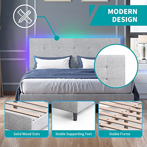 CECER Queen Size Bed Frame with RGB LED Headboard, Platform Bed Frame with Music Sync Compatible with Alexa or Apps, Upholstered Bedframes Adjustable Lighting Effects/No Box Spring Needed, Light Grey