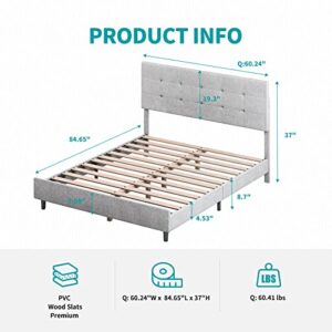 CECER Queen Size Bed Frame with RGB LED Headboard, Platform Bed Frame with Music Sync Compatible with Alexa or Apps, Upholstered Bedframes Adjustable Lighting Effects/No Box Spring Needed, Light Grey