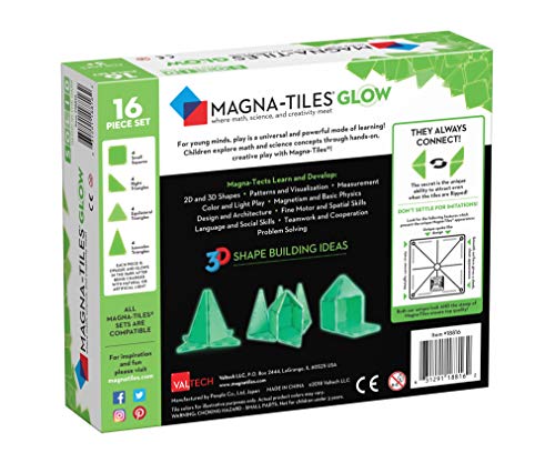 Magna-Tiles Glow In The Dark Set, The Original Magnetic Building Tiles For Creative Open-Ended Play, Educational Toys For Children Ages 3 Years + (16 Pieces + LED Light Included)