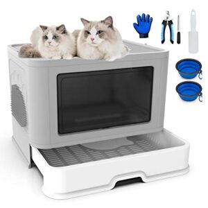 pandafairy foldable cat litter box,extra large top entry with lids,easy to clean litter plant,smell proof anti-splashing,xl closed litter box(gray)