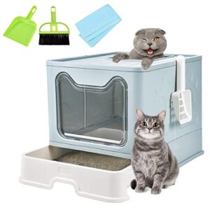 homagico foldable cat litter box, extra large front entry top exit litter box with lid, drawer type enclosed kitty litter box with litter scoop, anti-splashing cat toilet easy cleaning （blue）