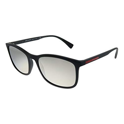 Prada PS 01TS DG02B0 Black Rubber Plastic Rectangle Sunglasses Silver Mirror Lens