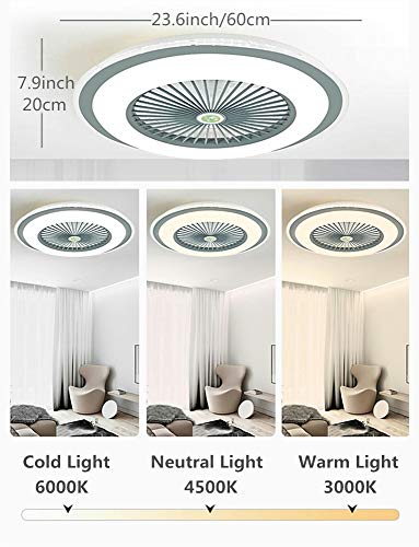 IYUNXI Ceiling Fan with Lights Oversize 24'' Remote Control 40W Ultra-Thin Design Enclosed Round LED 3-Color Dimmable Fan Light with 5 Invisible Blades Low Profile Flush Mount 3-Gear Wind Smart Timing