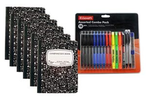 6-pack black marble composition notebook, 9-3/4″ x 7-1/2″, wide ruled, 100 sheet – 18 piece school combo pack, pens – highlighters – mechanical pencils – refills (6 notebooks, 18 combo pack)