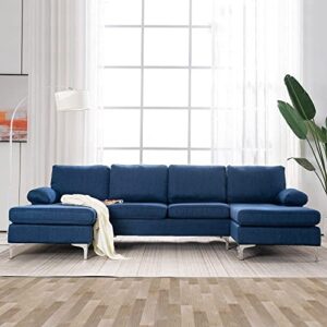 mellcom modern u-shape sectional sofa, soft linen fabric sectional couch, double wide chaise lounge couch with modern metal feet for apartment living room, blue
