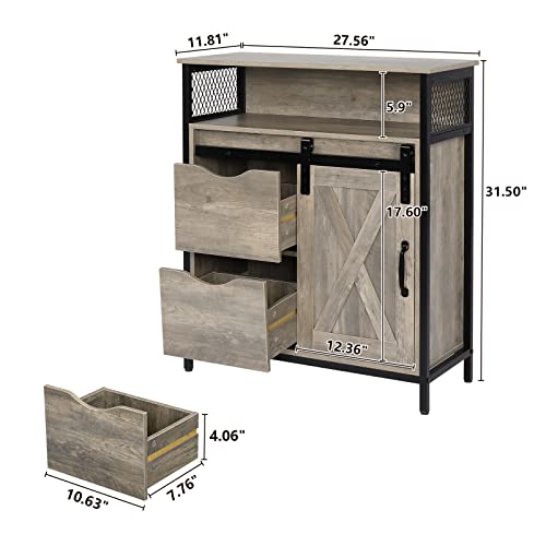 VINGLI Farmhouse Bathroom Floor Storage Cabinet, Rustic Freestanding Cabinet Organizer w/Sliding Barn Door, 2 Large Drawers and Adjustable Shelves (Wash Grey)