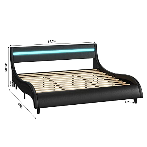 Keyluv Modern Upholstered Platform Bed Frame with LED Lights Headboard, Faux Leather Wave-Like Platform Bed Frame,Strong Wood Slats Support, Easy Assembly, Black, Queen Size