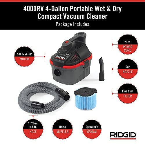 RIDGID 50313 Model 4000RV 4-Gallon Portable Wet and Dry Compact Vacuum Cleaner with 5.0 Peak-HP Motor