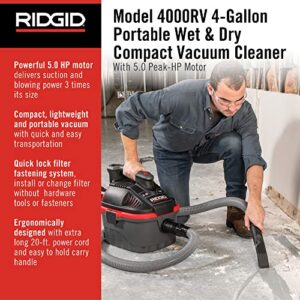 RIDGID 50313 Model 4000RV 4-Gallon Portable Wet and Dry Compact Vacuum Cleaner with 5.0 Peak-HP Motor