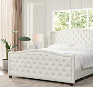 Jennifer Taylor Home Marcella Upholstered Shelter Headboard Bed Set, King, Antique White Polyester