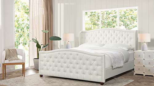 Jennifer Taylor Home Marcella Upholstered Shelter Headboard Bed Set, King, Antique White Polyester