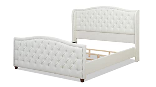 Jennifer Taylor Home Marcella Upholstered Shelter Headboard Bed Set, King, Antique White Polyester