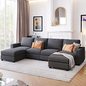 nckmyb u-shaped sectional sofa with 2 ottomans, 3 pieces upholstered modular sofa for 6, convertible sofa couch for living room office (grey)