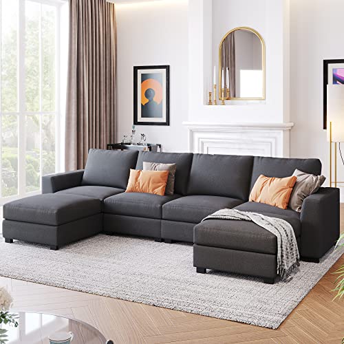 NCKMYB U-Shaped Sectional Sofa with 2 Ottomans, 3 Pieces Upholstered Modular Sofa for 6, Convertible Sofa Couch for Living Room Office (Grey)