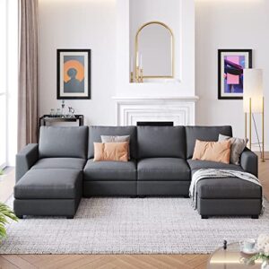 NCKMYB U-Shaped Sectional Sofa with 2 Ottomans, 3 Pieces Upholstered Modular Sofa for 6, Convertible Sofa Couch for Living Room Office (Grey)