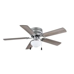 mainstay mainstays 44” hugger indoor ceiling fan with single light, satin nickel, 5 blades, 3 speed led, reverse airflow