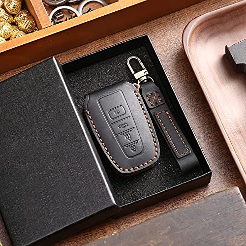 Key Fob Cover Fit For Toyota with Keychain, Pure Leather Handmade Key Fob Cover Case Suit for Toyota Camry Highlander RAV4 Avalon (4 Buttons only for Keyless go) Black