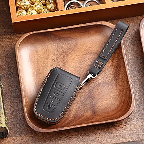 Key Fob Cover Fit For Toyota with Keychain, Pure Leather Handmade Key Fob Cover Case Suit for Toyota Camry Highlander RAV4 Avalon (4 Buttons only for Keyless go) Black