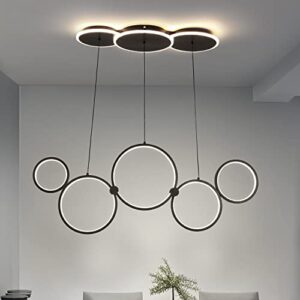 OKES Black Chandeliers,Modern Led Pendant Lights Fixture with Remote,Dimmable Adjustable 5 Rings Circles Hanging Chandelier Fixtures for Kitchen Island,Bedroom,Living Room,Dining Room,3000-6000K