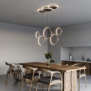 OKES Black Chandeliers,Modern Led Pendant Lights Fixture with Remote,Dimmable Adjustable 5 Rings Circles Hanging Chandelier Fixtures for Kitchen Island,Bedroom,Living Room,Dining Room,3000-6000K