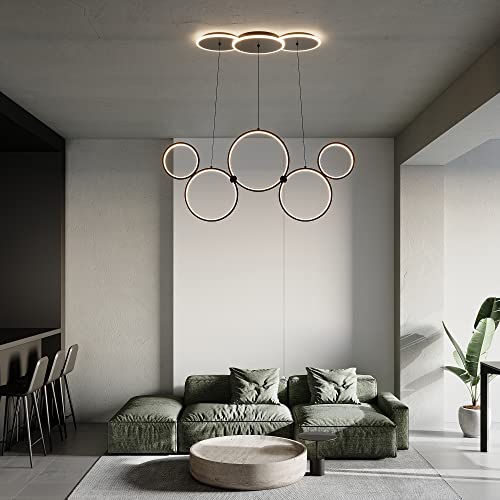OKES Black Chandeliers,Modern Led Pendant Lights Fixture with Remote,Dimmable Adjustable 5 Rings Circles Hanging Chandelier Fixtures for Kitchen Island,Bedroom,Living Room,Dining Room,3000-6000K