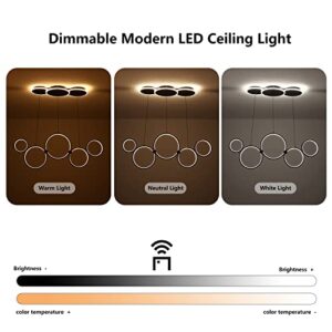 OKES Black Chandeliers,Modern Led Pendant Lights Fixture with Remote,Dimmable Adjustable 5 Rings Circles Hanging Chandelier Fixtures for Kitchen Island,Bedroom,Living Room,Dining Room,3000-6000K