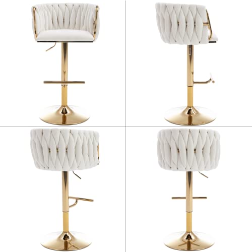 LukeAlon Velvet Swivel Bar Stools, Modern Height Adjustable Counter Height Bar Chair with Golden Base Weaved Backrest Barstool with Footrest for Home Bar Kitchen, White