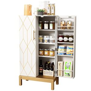 holtico 45” kitchen pantry cabinet,storage cabinet with doors and adjustable shelves,food pantry cabinet for kitchen,dining room,living room and garage,gold legs,no lines,white cabinet.