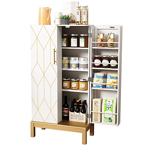 HOLTICO 45'' Kitchen Pantry Cabinet,Storage Cabinet with Doors and Adjustable Shelves,Food Pantry Cabinet for Kitchen,Dining Room,Living Room and Garage,Gold Legs,No Lines,White Cabinet.