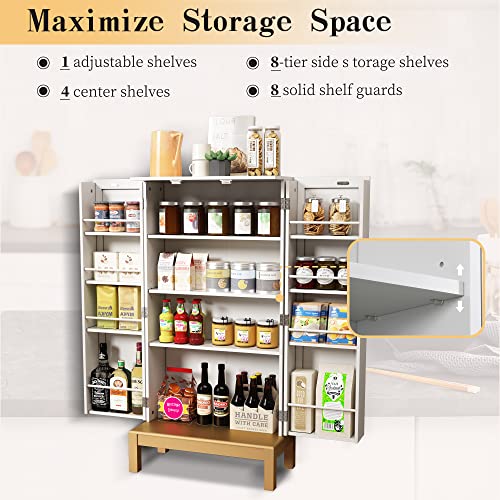 HOLTICO 45'' Kitchen Pantry Cabinet,Storage Cabinet with Doors and Adjustable Shelves,Food Pantry Cabinet for Kitchen,Dining Room,Living Room and Garage,Gold Legs,No Lines,White Cabinet.